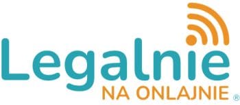 Logo Legalnie na Onlajnie, turkusowy napis z pomarańczowym symbolem Wi-Fi i hasłem „legalnie na onlajnie"